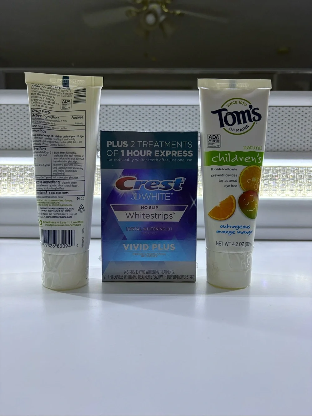Crest 3D White Vivid Plus Teeth Whitening Strips and 2 Tom’s kids tooth paste